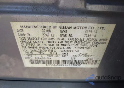 2008 Nissan Altima 2.5/2.5S from USA, damaged, VIN 1N4AL21E08N498657